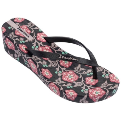 Black Rose Ipanema Floral Plat Wedge Women's Flip Flops | CA-094871D