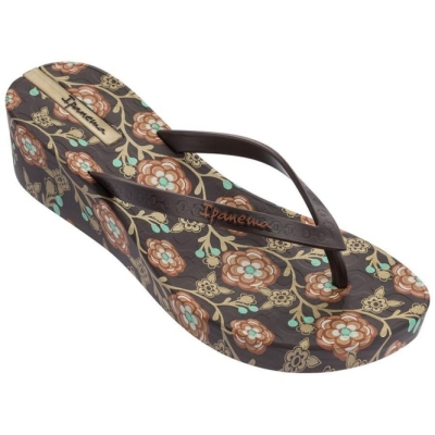 Brown Ipanema Floral Plat Wedge Women's Flip Flops | CA-683091W