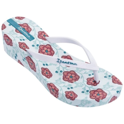 White Green Ipanema Floral Plat Wedge Women's Flip Flops | CA-560314A